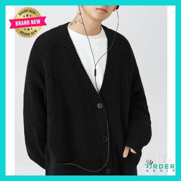 V-Neck Cable Knit Cardigan Sweater Oversized Grunge Y2K Streetwear - Picture 7 of 8